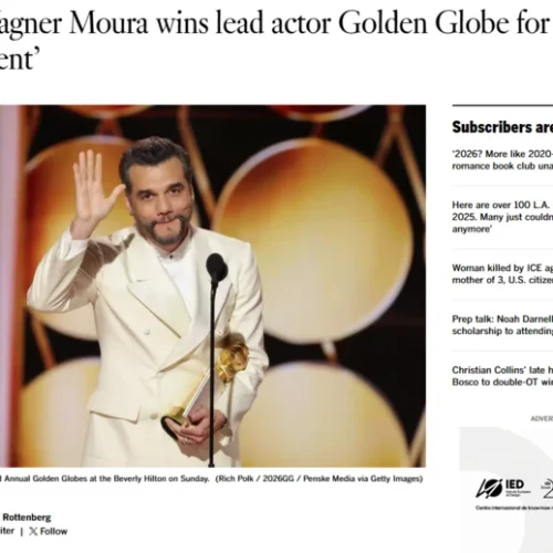 Consagração de Wagner Moura no Globo de Ouro 2026 ecoa na imprensa mundial como marco do cinema brasileiro