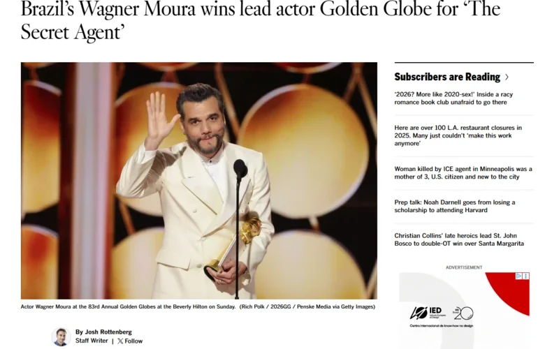 Consagração de Wagner Moura no Globo de Ouro 2026 ecoa na imprensa mundial como marco do cinema brasileiro